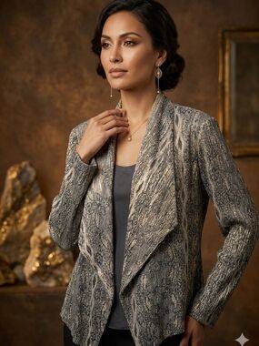 Chico's Metallic Patterned Draped Blazer in Silver and Gray